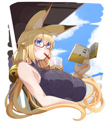  amino_dopple animal_ear_fluff animal_ears bad_id bad_pixiv_id bell blonde_hair blue_eyes book breasts bubble_tea bubble_tea_challenge commentary_request female fox_ears glasses honami_mikura_(amino_dopple) large_breasts long_hair original red-framed_eyewear ribbed_sweater semi-rimless_eyewear sleeveless sleeveless_sweater solo sweater under-rim_eyewear upper_body 