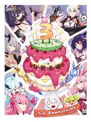  &gt;_&lt; 6+girls :d ai-chan_(honkai_impact) animal_ears anniversary bare_shoulders black_gloves blue_eyes blue_hair bob_cut border bow bowtie bronya_zaychik bronya_zaychik_(wolf&#039;s_dawn) brown_jacket candle cherry closed_eyes closed_mouth cream_(827156893) crystal dress drill_hair food fox_ears fruit gloves green_hair grey_eyes grey_hair hairbow hat highres holding holding_paintbrush homei_(honkai_impact) homi_(honkai_impact) homu_(honkai_impact) honkai_(series) honkai_impact_3rd jacket japanese_clothes kiana_kaslana kiana_kaslana_(void_drifter) kimono liliya_olenyeva long_hair long_sleeves looking_at_viewer mask medium_hair miko mouth_mask multiple_girls one_eye_closed paintbrush palette_(object) party_hat pink_hair polo_shirt purple_hair raiden_mei raiden_mei_(striker_fulminata) rozaliya_olenyeva seele_vollerei seele_vollerei_(swallowtail_phantasm) shirt siblings sleeveless sleeveless_dress smile tattoo theresa_apocalypse tongue tongue_out twin_drills twins white_border white_hair white_jacket white_kimono white_shirt yae_sakura yae_sakura_(gyakushinn_miko) yellow_bow yellow_bowtie 