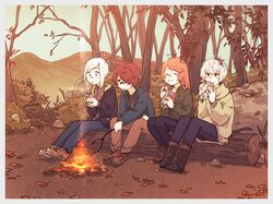  2boys 2girls :o :t :x ahoge autumn autumn_leaves bandaid bandaid_on_face bandaid_on_nose boots branch campfire closed_eyes commentary_request eating flower_(vocaloid) flower_(vocaloid4) food fukase hair_over_one_eye hill holding holding_food jacket leaf legs_together log long_hair long_sleeves mi_no_take multiple_boys multiple_girls nature orange_hair outdoors pants potato red_eyes red_hair roasted_sweet_potato sf-a2_miki shoes short_hair side-by-side sitting sitting_on_object sneakers steam stick sweater sweet_potato tree twitter_username utatane_piko vocaloid white_hair 