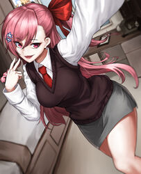  absurdres bed blurry blurry_background breasts collar commentary desk drawer dutch_angle feet_out_of_frame female girls&#039;_frontline hair_ornament hair_ribbon hands_up highres iznal large_breasts lipstick long_hair long_sleeves looking_at_viewer makeup miniskirt necktie negev_(girls&#039;_frontline) open_mouth photo_(object) photoshop_(medium) pink_eyes pink_hair ponytail ribbon school_uniform selfie shirt simple_background skirt solo sweater_vest v 