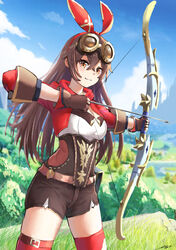  aiming amber_(genshin_impact) arrow_(projectile) blue_sky blush bow_(weapon) brown_gloves brown_shorts closed_mouth cloud cowboy_shot day favonius_warbow_(genshin_impact) female genshin_impact gloves goggles goggles_on_head grass hair_ribbon highres holding holding_weapon legs_apart long_hair long_sleeves looking_at_viewer nyanko960121 orange_eyes outdoors red_ribbon red_thighhighs ribbon short_shorts shorts sky smile solo standing thighhighs tree vegetation weapon 