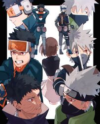  2boys age_progression ankle_wrap armor arms_behind_head black_border black_eyes black_hair black_shirt blue_footwear blue_headband blue_jacket blue_shirt border brown_hair clenched_teeth closed_mouth facing_away female forehead_protector full_body goggles goggles_on_head green_vest hatake_kakashi headband highres jacket japanese_armor konohagakure_symbol kote long_sleeves looking_at_another looking_away mask mirin_(coene65) mouth_mask multiple_boys naruto_(series) naruto_shippuuden ninja ninja_mask nohara_rin pink_skirt pouch profile rinnegan sandals scabbard scar scar_across_eye scar_on_face sharingan sheath sheathed shirt short_hair short_sleeves short_sword simple_background skirt smile spiked_hair standing sword tantou tears teeth uchiha_obito uchiha_symbol upper_body vest weapon weapon_on_back white_background white_hair 