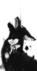  ambiguous_gender black_body canid canine ears_down fangs hi_res ink key_rooki mammal monochrome one_eye_obstructed pivoted_ears solo teeth unknown_character 