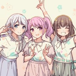  3girls :d ^_^ arms_up ayasaka bad_id bad_twitter_id bang_dream! blue_eyes blue_skirt braid brown_hair closed_eyes commentary_request double_v floral_print grin hata_sawako long_hair looking_at_viewer maeshima_ami maruyama_aya multiple_girls nakagami_ikumi neck_ribbon open_mouth photo-referenced pink_eyes pink_hair pink_skirt print_shirt ribbon ribbon-trimmed_shirt shirt short_hair short_sleeves skirt smile striped_clothes striped_skirt twin_braids twintails v vertical-striped_clothes vertical-striped_skirt voice_actor_connection wakamiya_eve white_hair yamato_maya 