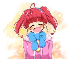  :d ^_^ ahoge blue_hairband blunt_bangs blush closed_eyes commentary female gradient_background hair_bobbles hair_ornament hairband highres hood hoodie hoshina_hikaru jewelry noyuki1204 open_mouth orange_background pendant pink_hoodie precure red_hair scarf smile solo star_(symbol) star_color_pendant star_twinkle_precure starry_background twintails upper_body 