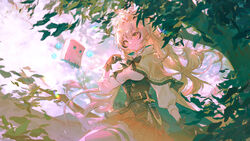  belt blonde_hair branch breasts cleavage_cutout closed_mouth clothing_cutout dagger feather_hair_ornament feathers female fingerless_gloves floating friend_(nanashi_mumei) frilled_skirt frills gloves hair_between_eyes hair_ornament highres hololive hololive_english in_tree knife large_breasts long_hair nanashi_mumei nanashi_mumei_(1st_costume) sheath sitting sitting_in_tree skirt sleeves_past_wrists smile thighhighs tree vienri virtual_youtuber weapon yellow_eyes 