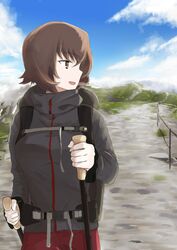  absurdres backpack bag blue_sky brown_eyes brown_hair casual cloud cloudy_sky commentary day dirt_road female girls_und_panzer grey_jacket highres hiking_pole holding jacket long_sleeves looking_to_the_side mountain mountainous_horizon nishizumi_maho open_mouth oritako outdoors road short_hair sky smile solo standing 