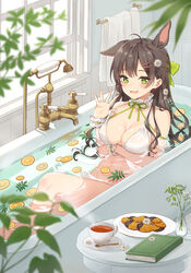  :3 absurdres ahoge animal_ears arm_under_breasts bath bathing bathroom bathtub bikini bikini_pull book breast_hold breasts brown_hair choker cleavage clothes_pull commentary cookie cup daisy faucet female floating flower food fruit fruit_on_liquid green_eyes hair_flower hair_ornament hairclip highres leaf medium_breasts murata_konomin navel open_mouth orange_(fruit) orange_slice orangette original plant plate potted_plant rabbit_ears saucer scrunchie smile solo spoon steam swimsuit table tea teacup towel towel_rack vase wall waving white_bikini white_flower window wrist_scrunchie 