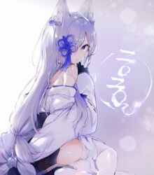  2020 animal_ear_fluff animal_ears azur_lane bare_shoulders black_gloves black_skirt blue_eyes commentary_request expressionless female flower_knot fox_ears gloves gradient_background grey_hair hair_ornament hair_over_one_eye highres japanese_clothes kasumi_(azur_lane) long_hair long_sleeves looking_at_viewer looking_back nontraditional_miko off_shoulder sitting skirt solo thighhighs translated very_long_hair white_thighhighs yatsuha_(hachiyoh) 