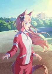  absurdres animal_ears blue_eyes brown_hair building cowboy_shot day female grass_wonder_(umamusume) highres horse_ears horse_girl horse_tail jacket laminar_flow long_hair long_sleeves open_mouth outdoors pants red_jacket red_pants solo tail track_jacket tree umamusume 