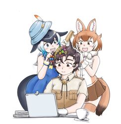  1boy 2girls animal_ears blowhole bucket_hat captain_(kemono_friends) cetacean_tail comb common_dolphin_(kemono_friends) computer cup dhole_(kemono_friends) dog_ears dog_girl dog_tail fins fish_tail flower hair_flower hair_ornament hat head_fins highres jacket kemono_friends kemono_friends_3 laptop multiple_girls otoko_no_ko safari_jacket saja_(166j357) smile tail teacup 