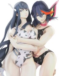  2girls animal_print bad_id bad_twitter_id bikini black_hair black_one-piece_swimsuit blue_eyes breasts cow_print english_commentary highres holding_hands horns kill_la_kill kiryuuin_satsuki large_breasts long_hair matoi_ryuuko medium_breasts medium_hair multicolored_hair multiple_girls one-piece_swimsuit red_hair senketsu senketsu_(scarf) siblings sisters streaked_hair swimsuit white_background white_horns white_one-piece_swimsuit yoracrab 