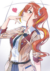  arisugawa_natsuha belt blue_nails brown_eyes commentary_request earrings female finger_to_mouth from_side glance hair_ornament hair_scrunchie heart highres idolmaster idolmaster_shiny_colors jacket jewelry kagari_liroi long_hair looking_at_viewer multicolored_hair orange_hair red_nails scrunchie shirt side_ponytail sleeves_past_elbows solo streaked_hair striped_clothes striped_jacket two-tone_hair vertical-striped_clothes vertical-striped_jacket white_shirt 