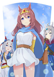  3girls :t ahoge animal_ears belt black_belt blue_cape blue_dress blue_eyes blue_jacket blue_sky braid brown_hair cape closed_mouth cloud cloudy_sky commentary cosplay day doughnut dragon_quest dragon_quest_iii dress ear_ornament eating elbow_gloves fantasy food gloves grey_hair grey_headwear hair_ribbon heroine_(dq3) highres holding holding_food holding_staff horse_ears horse_girl jacket jumpsuit long_hair looking_at_another looking_at_viewer merchant_(dq3) merchant_(dq3)_(cosplay) multiple_girls oguri_cap_(umamusume) open_mouth outdoors petals purple_cape red_ribbon ribbon roto_(dq3) roto_(dq3)_(cosplay) sage_(dq3) sage_(dq3)_(cosplay) sam_browne_belt shiromaru_illust short_dress sky sleeveless_jumpsuit smile staff standing super_creek_(umamusume) tamamo_cross_(umamusume) tiara umamusume white_dress white_jumpsuit wind yellow_gloves yellow_headwear 