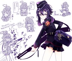  bag blue_archive blush female firing fp6 gun hair_ornament hairclip halo haruka_(blue_archive) hat highres holding holding_weapon jacket juliet_sleeves kazunari_(likuro137) long_sleeves military military_hat military_uniform multiple_views on_floor pleated_skirt puffy_sleeves purple_eyes purple_hair purple_jacket purple_skirt shotgun simple_background sitting skirt speech_bubble tears translation_request uniform weapon white_background worried 