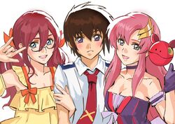  1boy 2girls arm_strap bare_shoulders blush bow breasts brown_hair choker cleavage collarbone collared_shirt commission cosplay dress english_commentary flay_allster girl_sandwich gloves gundam gundam_seed hair_ornament hair_ribbon highres holding_another&#039;s_arm kira_yamato lacus_clyne macross macross_frontier multiple_girls necktie nekkikamille orange_bow orange_ribbon parted_lips pink_hair purple_choker purple_dress purple_eyes purple_gloves ranka_lee ranka_lee_(cosplay) red_hair red_necktie ribbon sandwiched saotome_alto saotome_alto_(cosplay) sheryl_nome sheryl_nome_(cosplay) shirt short_hair smile strapless strapless_dress white_background white_shirt yellow_dress 