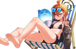  absurdres ahoge bare_legs barefoot beach_chair bikini black_bikini blue_archive bubble99 eyewear_on_head feet female frilled_bikini frills hair_between_eyes halo highres korean_commentary legs mole mole_under_eye neru_(blue_archive) neru_(swimsuit)_(blue_archive) orange_eyes red_hair short_hair sidelocks simple_background sitting slit_pupils smile smug soles solo sunglasses sweat swimsuit toes v white_background 