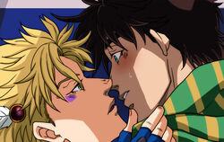  2boys anime_coloring bad_boy battle_tendency blonde_hair bloom blush brown_hair caesar_anthonio_zeppeli facial_mark fake_screenshot feather_hair_ornament feathers fingerless_gloves gloves grabbing_another&#039;s_chin green_eyes green_scarf hair_ornament hand_on_another&#039;s_chin headband imminent_kiss jojo_no_kimyou_na_bouken joseph_joestar joseph_joestar_(young) male_focus multicolored_clothes multicolored_scarf multiple_boys official_style scarf striped_clothes striped_scarf sweatdrop triangle_print vertical-striped_clothes vertical-striped_scarf yaoi yellow_scarf 