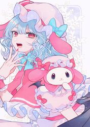  alternate_costume animal animal_ears bat_wings black_wings blue_bow blue_hair blue_neckwear bow capelet cosplay curly_hair dog_ears eyelashes female fingernails floral_background frilled_capelet frilled_cuffs frills hand_to_own_mouth hand_up hat hat_bow hat_ribbon highres katai_(nekoneko0720) long_fingernails looking_at_viewer medium_hair mob_cap my_melody my_melody_(cosplay) nail_polish oerba_yun_fang onegai_my_melody open_mouth outstretched_hand pink_bow pink_capelet pink_nails red_eyes red_nails remilia_scarlet remilia_scarlet_(cosplay) ribbon sanrio touhou wings wrist_cuffs 