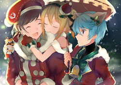  2boys :d animal_ears bad_id bad_pixiv_id black_sweater blonde_hair blue_hair brown_hair brown_hairband closed_eyes closed_mouth edna_(christmas)_(tales) edna_(tales) fake_animal_ears female fur-trimmed_gloves fur_trim gloves gradient_hair hair_between_eyes hairband hat holding holding_umbrella mikleo_(christmas)_(tales) mikleo_(tales) mini_hat multicolored_hair multiple_boys normin_(tales) official_alternate_costume open_mouth phoenix_(tales) pink_background purple_eyes red_gloves red_headwear santa_costume santa_gloves shibaebi_(yasaip_game) short_hair side_ponytail sleeping smile snowing sorey_(christmas)_(tales) sorey_(tales) sweater tales_of_(series) tales_of_zestiria turtleneck turtleneck_sweater umbrella 