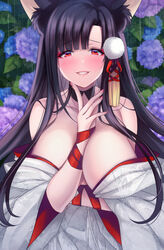  akagi_(azur_lane) akagi_(deep_crimson_poppy)_(azur_lane) animal_ears arm_under_breasts armpit_crease azur_lane bare_shoulders blunt_bangs blush breasts brown_hair cleavage collarbone commentary_request cowboy_shot eyeliner eyeshadow female finger_to_own_chin flower fox_ears fox_girl grin hair_ornament highres hydrangea japanese_clothes kimono large_breasts long_hair looking_at_viewer makeup nail_polish off_shoulder official_alternate_costume outdoors parted_bangs pink_nails pom_pom_(clothes) rain red_eyes red_eyeshadow ribbon smile solo standing teeth uchikake white_kimono wide_sleeves wrist_ribbon yukinimaru 