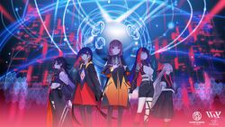  5girls asymmetrical_legwear blue_hair boots coat colored_inner_hair crop_top detached_sleeves earrings expressionless feet_out_of_frame glowing glowing_eyes grey_hair hair_ornament harusaruhi hexagon highres hood hood_down hooded_jacket isekai_joucho jacket jewelry kaf_(kamitsubaki_studio) kamitsubaki_studio koko_(kamitsubaki_studio) light_trail long_hair multicolored_eyes multicolored_hair multiple_girls navel official_art open_clothes open_jacket palow pantyhose parted_lips red_footwear red_hair rim_(kamitsubaki_studio) science_fiction short_hair short_sleeves shorts sidelocks twintails two-tone_hair uneven_legwear very_long_hair virtual_youtuber 