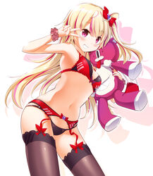  ashley_taylor black_panties black_thighhighs blonde_hair blush bone_hair_ornament bow bra breasts chauke commentary_request cowboy_shot eyeball_hair_ornament female garter_belt grin hair_ornament hairbow lingerie long_hair magia_record:_mahou_shoujo_madoka_magica_gaiden mahou_shoujo_madoka_magica md5_mismatch medium_breasts multicolored_hair navel one_side_up panties pink_eyes pink_scrunchie purple_bow red_bow red_bra scrunchie simple_background smile solo streaked_hair stuffed_animal stuffed_toy teddy_bear thighhighs underwear underwear_only v_over_eye very_long_hair white_background wrist_scrunchie 