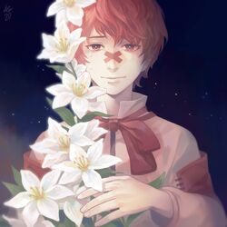  1boy bandaid bandaid_on_face bandaid_on_nose closed_mouth coat commentary crying crying_with_eyes_open driftwoodwolf flower fukase holding holding_flower light_smile lily_(flower) looking_at_viewer male_focus night night_sky red_eyes red_hair red_ribbon ribbon scar scar_on_face signature sky star_(sky) tears upper_body vocaloid white_coat 