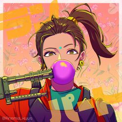  anemia_kwus animification apex_legends aqua_shirt brown_hair character_name chewing_gum dark-skinned_female dark_skin earrings facial_mark female floating_hair forehead_mark gun highres jacket jewelry light_machine_gun looking_at_viewer m600_spitfire orange_jacket portrait rampart_(apex_legends) shirt side_ponytail solo straight-on twitter_username weapon 