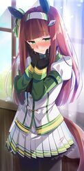  animal_ears black_gloves blush brown_hair commentary_request female gloves green_eyes hands_on_own_face headband horse_ears horse_girl horse_tail long_hair looking_at_viewer silence_suzuka_(umamusume) solo tail tanabe umamusume uniform window 