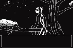  2020 2d_animation 3:2 animated anthro ayken biped black_and_white branch dialogue dialogue_box digital_media_(artwork) english_text hair looking_at_viewer looking_back low_res male mammal mephitid monochrome moon night nude pixel_(artwork) pixel_animation plant rear_view short_hair short_playtime sitting skunk sky skyscape smokyjack solo star starry_sky talking_to_viewer text tree 