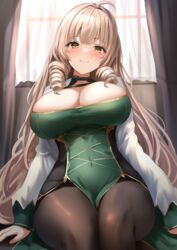  ahoge andrea_doria_(azur_lane) azur_lane bodystocking breasts cleavage curtains dress drill_hair female green_dress highres large_breasts light_brown_hair long_hair looking_at_viewer manda_(manda9n) pelvic_curtain sitting smile twin_drills window 