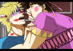  2boys anime_coloring bad_boy battle_tendency blonde_hair blush breast_padding brown_hair caesar_anthonio_zeppeli crossdressing dress earrings feather_hair_ornament feathers fighting green_eyes hair_ornament imminent_kiss jewelry jojo_no_kimyou_na_bouken joseph_joestar joseph_joestar_(tequila) joseph_joestar_(young) lipstick lipstick_mark makeup male_focus multiple_boys pink_dress pushing_away pushing_face shaded_face sweatdrop yaoi 