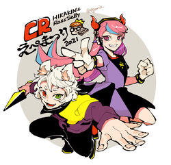  2021 2boys animal_ear_fluff animal_ears black_dress black_pants blue_hair brown_hair cat_boy cat_ears clenched_hand crazy_raccoon dress female finger_gun glasses gloves green_eyes grey_gloves grey_hair heterochromia hikakin hikakin_(person) holding holding_knife knife kunai multicolored_hair multiple_boys oguri_hayane pants pink_hair purple_dress purple_hair ras_(crazy_raccoon) red_hair selly55 smile streaked_hair two-tone_dress weapon 