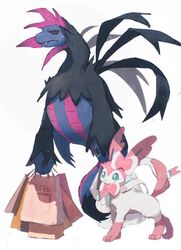  arc_draws bag black_sclera blue_eyes bright_pupils closed_mouth colored_sclera dragon fang_out frown highres holding holding_bag hydreigon no_humans oerba_yun_fang pink_tail pokemon pokemon_(creature) red_eyes shopping_bag simple_background sylveon white_background white_pupils 