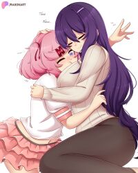  2girls @_@ absurdres artist_name black_leggings breast_smother breasts cheek_press closed_eyes commentary doki_doki_literature_club english_commentary english_text face_to_breasts hair_between_eyes hair_ornament hair_ribbon hairclip hand_on_another&#039;s_head highres hug large_breasts layered_skirt leggings long_hair long_sleeves miniskirt multiple_girls natsuki_(doki_doki_literature_club) patreon_logo patreon_username pink_hair pink_skirt puffy_short_sleeves puffy_sleeves purple_eyes purple_hair raion_(raionart) red_ribbon ribbed_sweater ribbon shirt short_hair short_sleeves simple_background skirt smile sweater swept_bangs very_long_hair white_background white_shirt yuri yuri_(doki_doki_literature_club) 