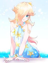  bare_shoulders blonde_hair blue_dress blue_eyes breasts dress earrings female hair_over_one_eye highres indisk_irio jewelry long_hair mario mario_(series) medium_breasts pool rosalina solo star_(symbol) star_earrings 