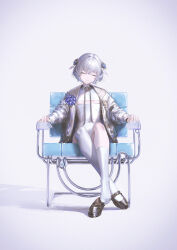  armchair asymmetrical_legwear breast_cutout breasts chair closed_eyes facing_viewer female full_body grey_hair hair_ornament highres jacket leotard light_smile mary_janes open_clothes open_jacket original reoen shoes short_hair single_shoe sitting small_breasts solo thighhighs uneven_legwear white_leotard white_thighhighs 