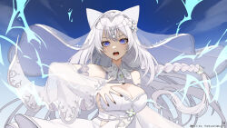  animal_ears black_nails blue_eyes breasts character_request cleavage commission copyright_request dress female hair_ornament highres k_(art71) large_breasts long_braid long_hair mole mole_under_eye open_mouth see-through see-through_sleeves skeb_commission sleeves_past_wrists solo thank_you twitter_username upper_body white_dress white_hair wide_sleeves 