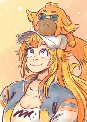  animal_on_head baseball_cap black_choker blonde_hair blue_eyes breasts charlotte_&quot;charlie&quot;_morgan choker cleavage closed_mouth collarbone commentary english_commentary female glasses hair_ornament hat highres jacket jd_benefield looking_at_animal multicolored_hair nexas_(vtuber) on_head open_clothes open_jacket orange_background orange_hair original ponytail shirt smile sunglasses two-tone_hair virtual_youtuber white_hat white_shirt x_hair_ornament 