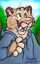  2016 anthro blue_clothing blue_hoodie blue_sky blue_topwear brown_body brown_fur bust_portrait clothed clothing cougar day detailed_background digital_drawing_(artwork) digital_media_(artwork) fangs felid feline fur green_eyes handpaw hoodie inner_ear_fluff looking_up male mammal matrices_(artist) open_mouth open_smile outside paws pink_inner_ear pink_nose pink_tongue plant portrait sabertooth_(anatomy) shaded signature sky smile snout solo tan_body tan_fur tan_inner_ear_fluff teeth text tongue topwear tree tuft url whiskers 