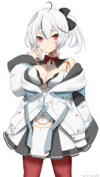  absurdres ahoge black_bow black_sailor_collar bow breasts closed_mouth coat commission copyright_request dress female grey_hair grey_skirt hairbow highres k_(art71) multicolored_hair off_shoulder orange_eyes pantyhose pleated_skirt red_pantyhose sailor_collar skeb_commission skirt sleeves_past_fingers sleeves_past_wrists solo streaked_hair thank_you twitter_username virtual_youtuber white_coat white_dress white_hair yutro_kuga 