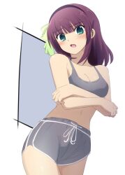  alternate_costume angel_beats! arms_around_back bare_arms black_hairband blunt_bangs blush bow breasts cleavage collarbone commentary_request cowboy_shot crossed_arms curvy embarrassed eyes_visible_through_hair female green_bow green_eyes grey_shorts grey_sports_bra gym_uniform hairband hairbow head_tilt highres lelie_(lelie_link) looking_at_viewer medium_breasts medium_hair nakamura_yuri open_mouth purple_hair shorts simple_background solo sports_bra white_background 