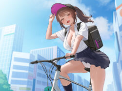  :d backpack bag baseball_cap bicycle black_skirt black_socks blue_sky bra breasts brown_eyes brown_hair building cameltoe city cleavage clothes_lift cloud day female hat highres jfjf looking_at_viewer medium_breasts medium_hair non-web_source open_clothes open_mouth open_shirt original outdoors panties ponytail riding riding_bicycle school_uniform shirt sidelocks skirt skirt_lift sky smile socks solo thighs underwear white_bra white_panties white_shirt window 