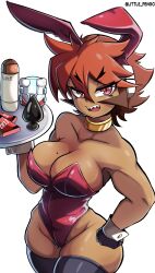  absurdres animal_ears atlas_(mega_man) black_thighhighs breasts brown_hair butt_plug cleavage collarbone fake_animal_ears female highres holding holding_tray large_breasts leotard littlepengo mega_man_(series) mega_man_zx mega_man_zx_advent mole mole_on_breast multicolored_hair orange_hair playboy_bunny rabbit_ears red_eyes red_leotard robot_ears sex_toy simple_background solo strapless strapless_leotard thighhighs tray twitter_username two-tone_hair white_background 