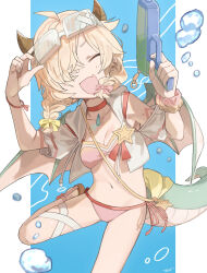  absurdres bikini braid breasts dragon_girl dragon_horns dragon_tail dragon_wings female goggles goggles_on_head hair_ribbon highres horns inori_(princess_connect!) open_mouth pink_bikini princess_connect! ribbon sandals scrunchie side-tie_bikini_bottom smile solo swimsuit tail twin_braids tyaui_(xjju4435) water_gun wings 