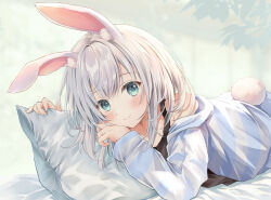  animal_ear_fluff animal_ears aqua_eyes black_shirt closed_mouth female highres looking_at_viewer lying maya_(tirolpop) medium_hair on_stomach open_pajamas original pajamas pillow rabbit_ears rabbit_girl rabbit_tail shirt simple_background sleeveless sleeveless_shirt smile striped_clothes striped_pajamas tail white_hair 