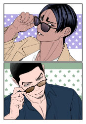  2boys bara dark-skinned_male dark_skin expressionless facial_hair goatee_stubble golden_kamuy highres koito_otonoshin looking_at_viewer looking_over_eyewear male_focus multiple_boys muscular muscular_male pectoral_cleavage pectorals short_hair split_screen stubble sunglasses tsukishima_hajime u_(lastcrime) 