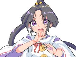  1boy black_hair blush bow covering_own_mouth houjou_tokiyuki_(nige_jouzu_no_wakagimi) japanese_clothes kariginu long_hair looking_at_viewer male_focus nige_jouzu_no_wakagimi open_mouth parted_bangs ponytail purple_eyes reaching reaching_towards_viewer ribbon-trimmed_sleeves ribbon_trim she_oxo_lol sidelocks_tied_back simple_background solo sweat upper_body v-shaped_eyebrows very_long_hair white_background 