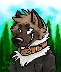  2016 akita american_akita anthro black_clothing black_nose black_shirt black_topwear blep blue_sky brown_body brown_collar brown_fur bust_portrait canid canine canis clothed clothing collar day detailed_background digital_drawing_(artwork) digital_media_(artwork) domestic_dog forest fur kai_(scpkid) looking_up male mammal matrices_(artist) outside pink_tongue plant portrait shaded shirt signature sky smile snout solo spitz text tongue tongue_out topwear tree url whisker_spots 